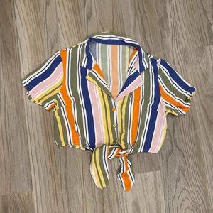 Forever 21 Colorful Stripe Tie In Front Crop Shirt